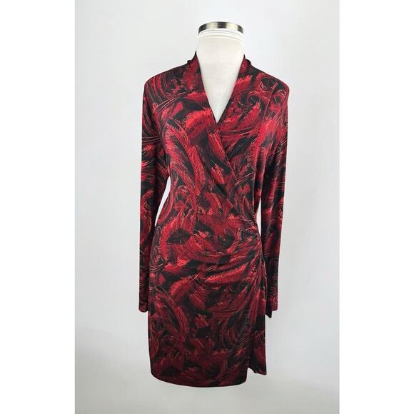 Norma Kamali Faux Wrap Dress Red & Black Feather Print Size XXL 2XL Office Chic - Picture 16 of 16